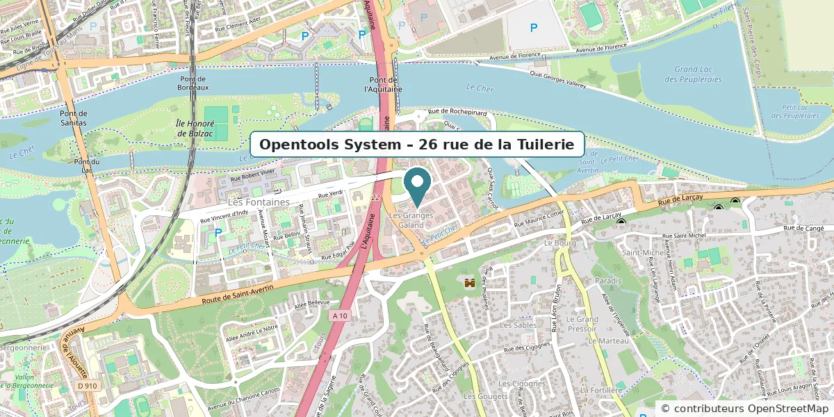 Plan d'accès : Opentools System, 26 rue de la Tuilerie à Saint-Avertin, près de l'autoroute A10. Voir le plan détaillé sur la page contact